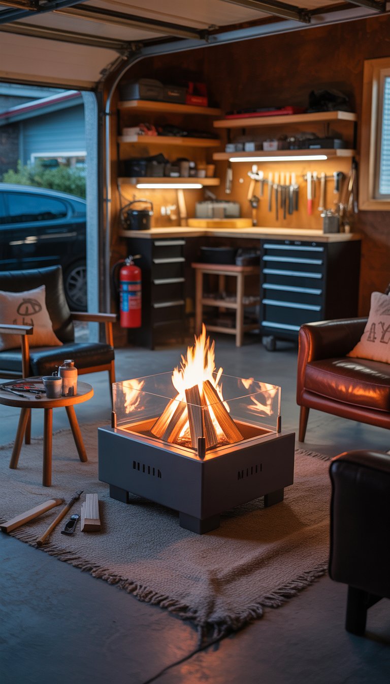 Indoor garage man cave with a small fire pit surrounded by seating and safety equipment.