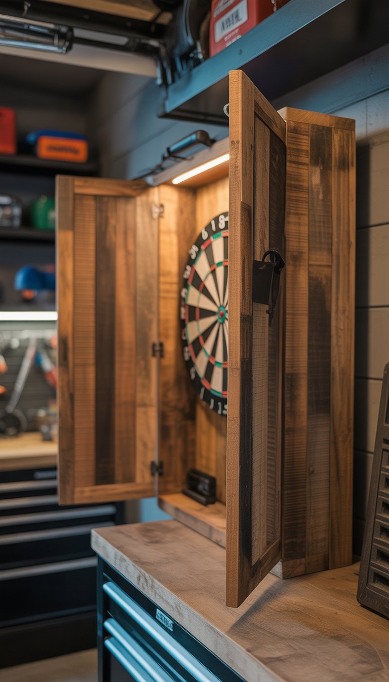 A dartboard cabinet made from reclaimed wood mounted on a wall inside a man cave garage.