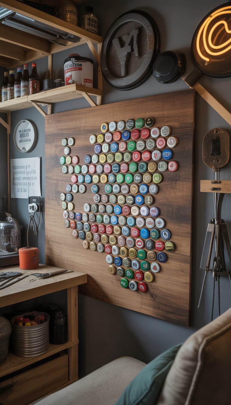A personalized beer bottle cap map made from colorful caps arranged on a wooden wall inside a cozy man cave garage with tools and seating around.