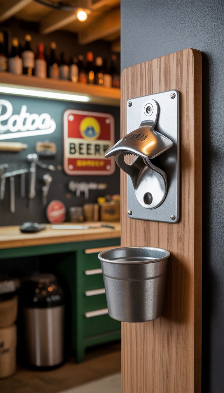 Wall-mounted bottle opener with cap catcher installed on a wooden wall in a garage man cave with tools and bottles in the background.