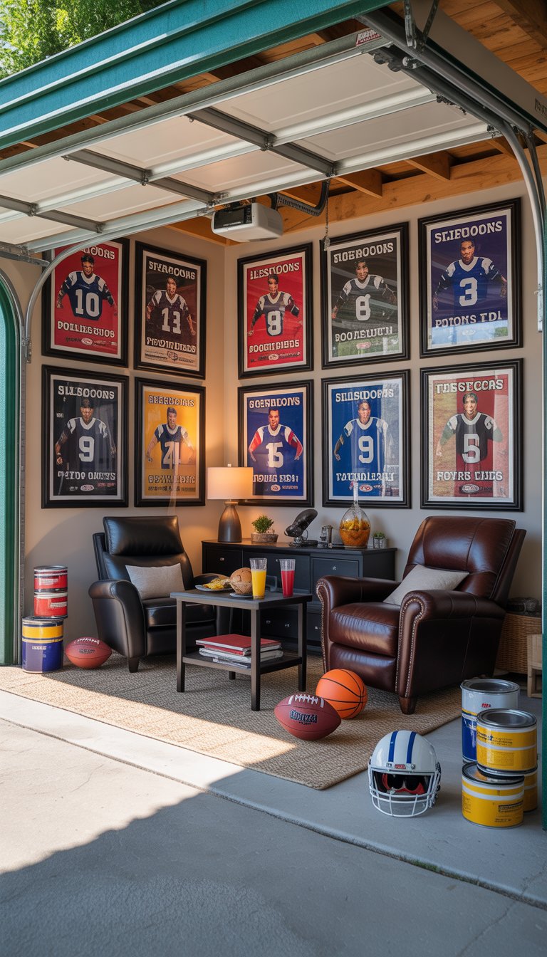 A man cave garage with framed sports team posters on the walls, comfortable seating, sports memorabilia, and DIY project materials visible in the background.