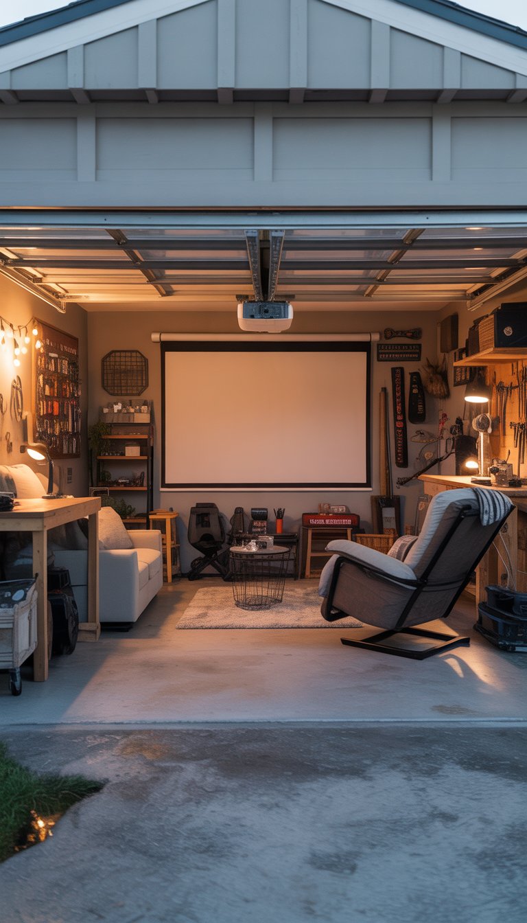A garage converted into a man cave with a simple projector screen, comfortable seating, DIY shelves, and ambient lighting.