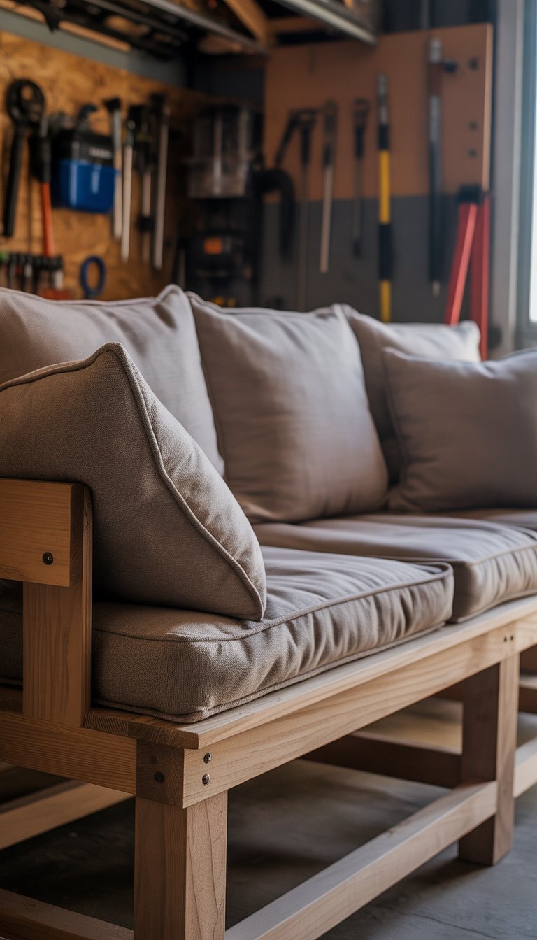 A cushioned bench with fabric upholstery in a garage man cave, surrounded by tools and equipment.