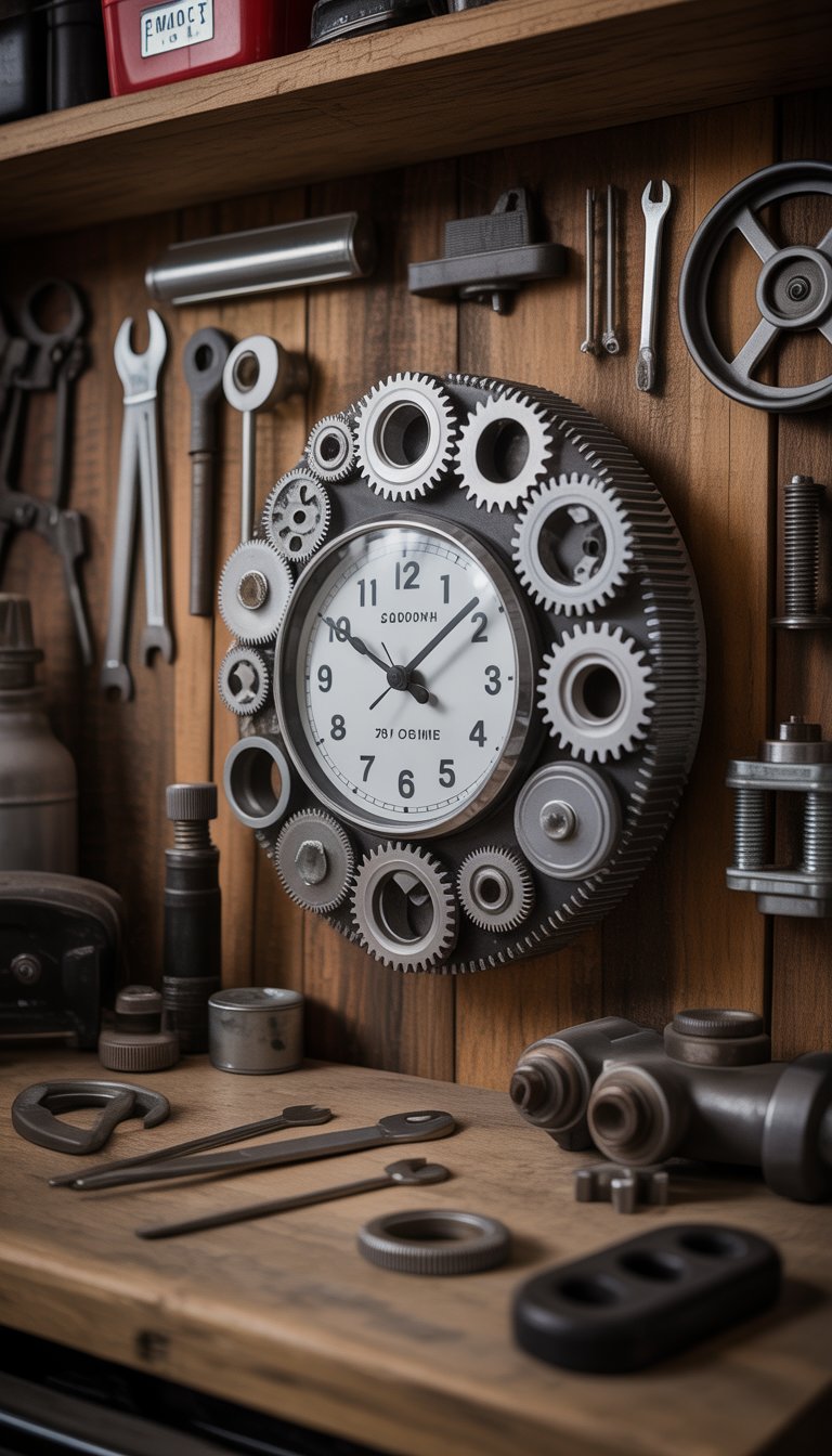 A clock made from old car parts mounted on a wooden wall in a garage workshop with tools and car components around it.
