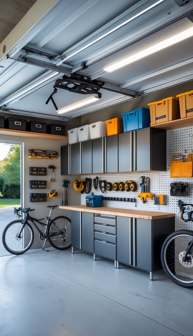 A clean and organized garage with multiple storage solutions including shelves, wall-mounted racks, pegboards, and ceiling storage, keeping the space clutter-free.