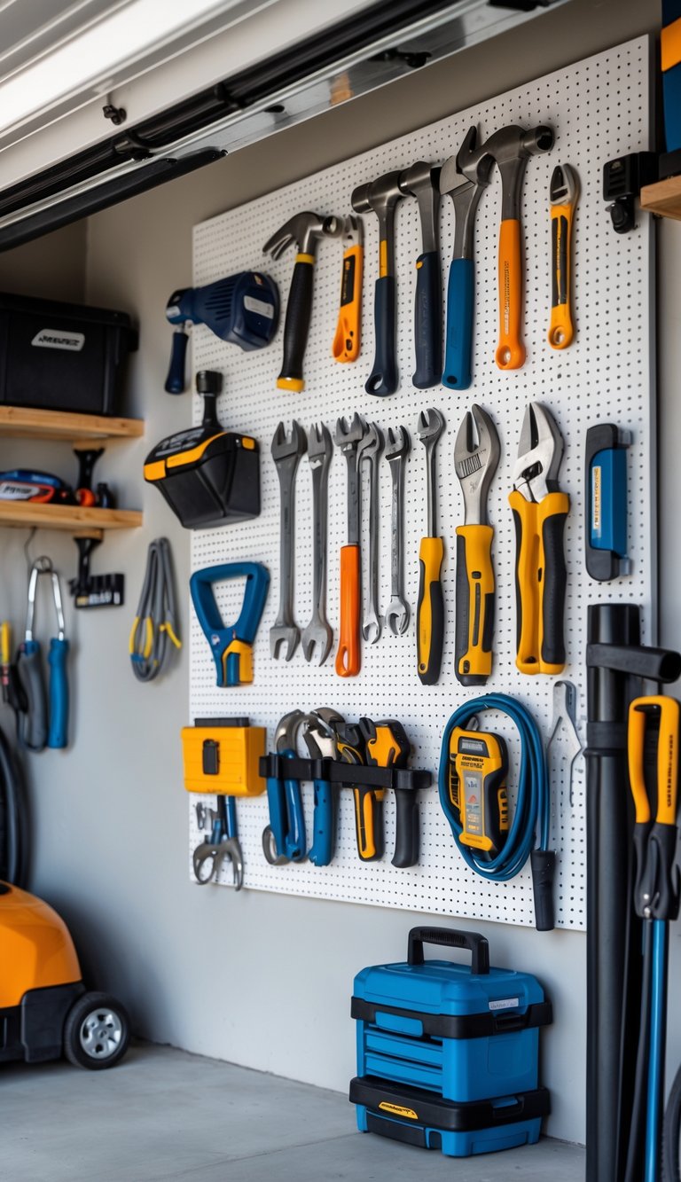 A clean and organized garage with wall-mounted pegboards holding various hand tools and accessories, creating a clutter-free workspace.
