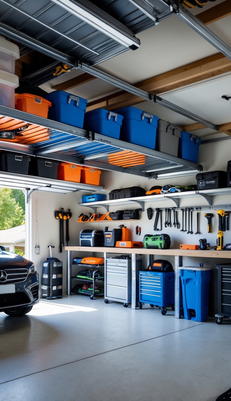 A clutter-free man cave garage with overhead ceiling storage racks holding bins and equipment above a parked car and workbench.