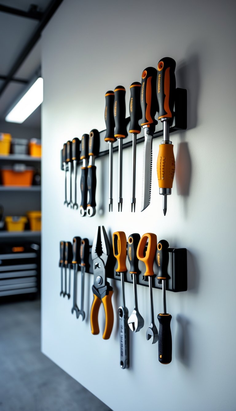 A tidy garage workspace with magnetic strips holding various tools neatly arranged on the wall.