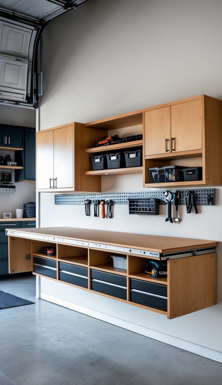 Fold-down workbench with built-in storage in a clean, organized garage featuring various storage solutions and tools.