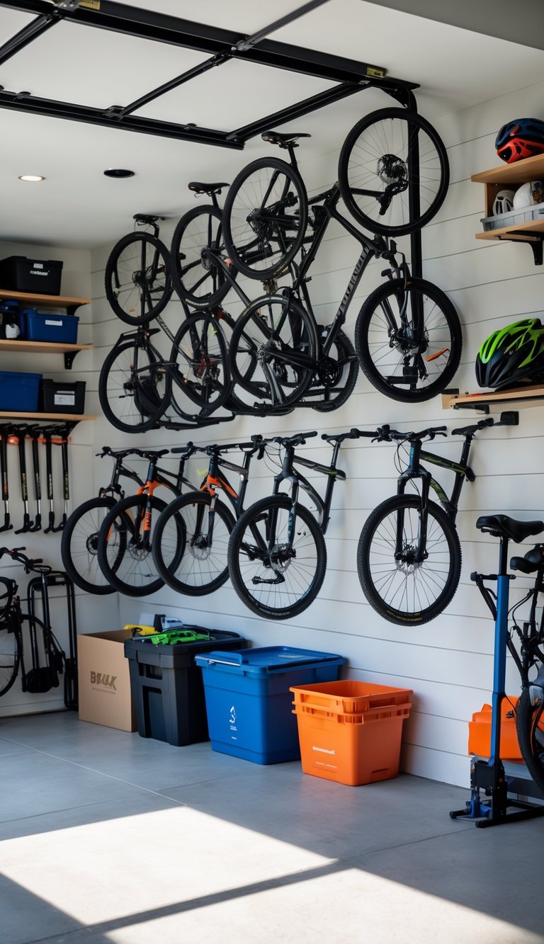 A clean and organized garage with bicycles stored vertically on wall-mounted racks and additional shelves holding tools and equipment.