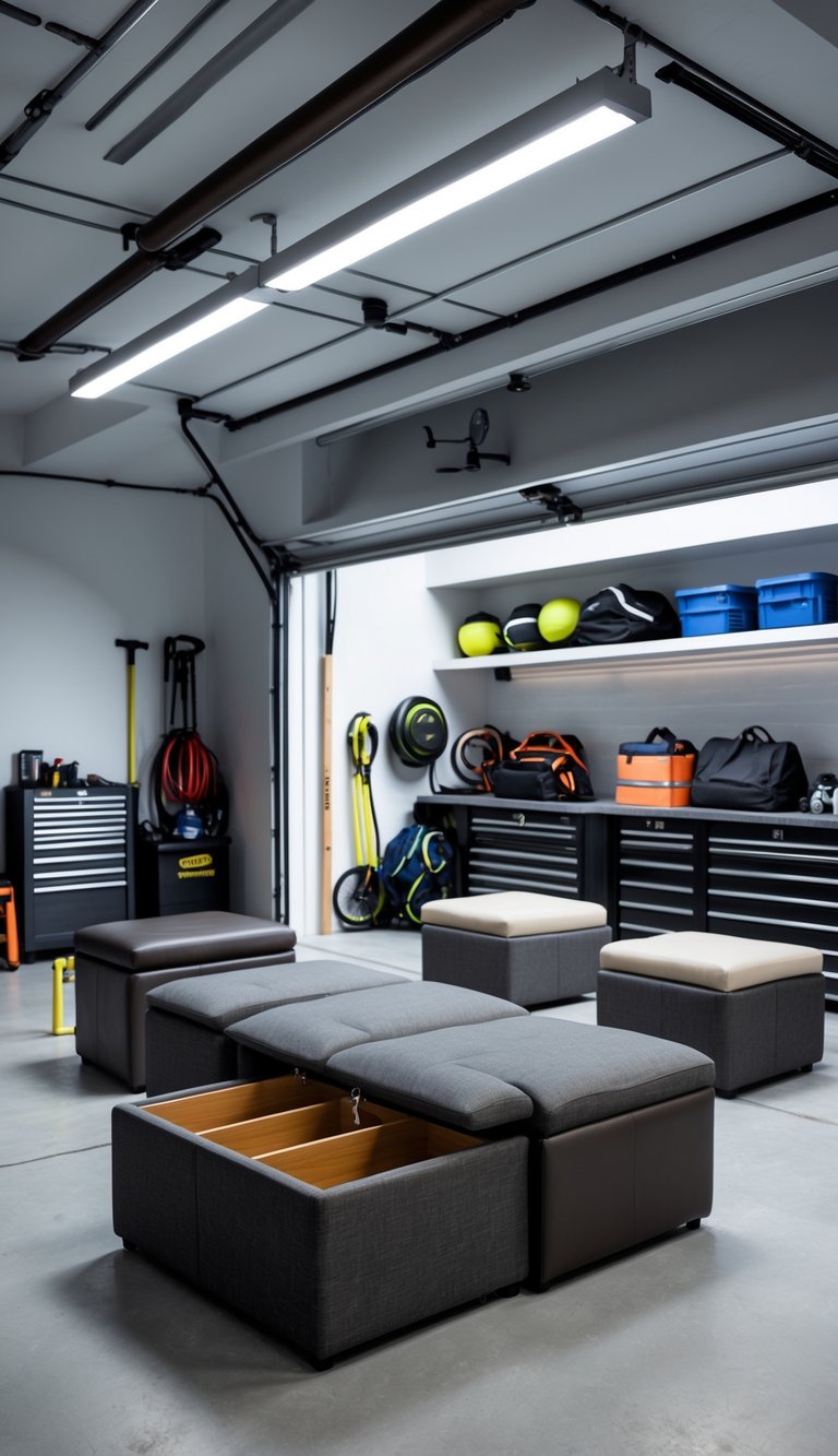 A clean and organized man cave garage with multiple storage ottomans used for seating and hidden storage, surrounded by neatly stored tools and equipment.