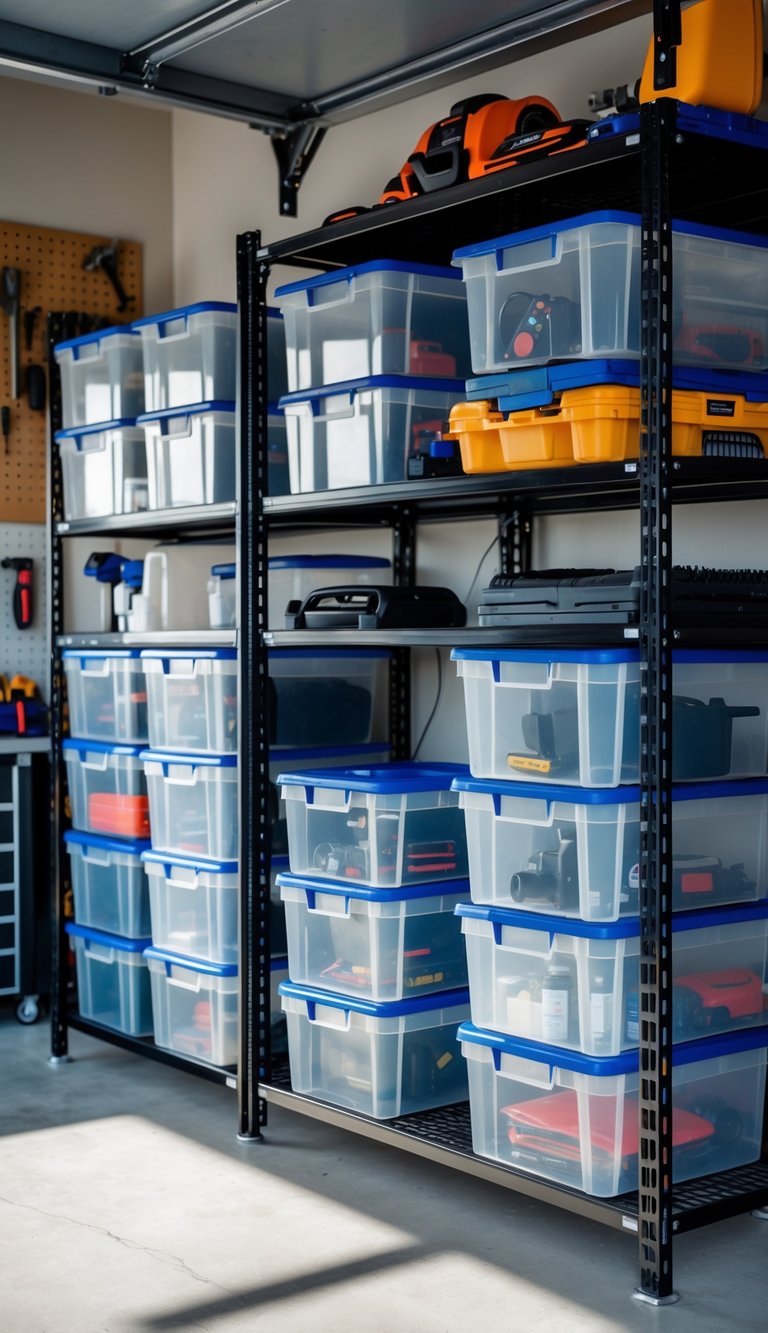 Clear stackable storage bins neatly arranged on shelves in an organized garage or man cave.