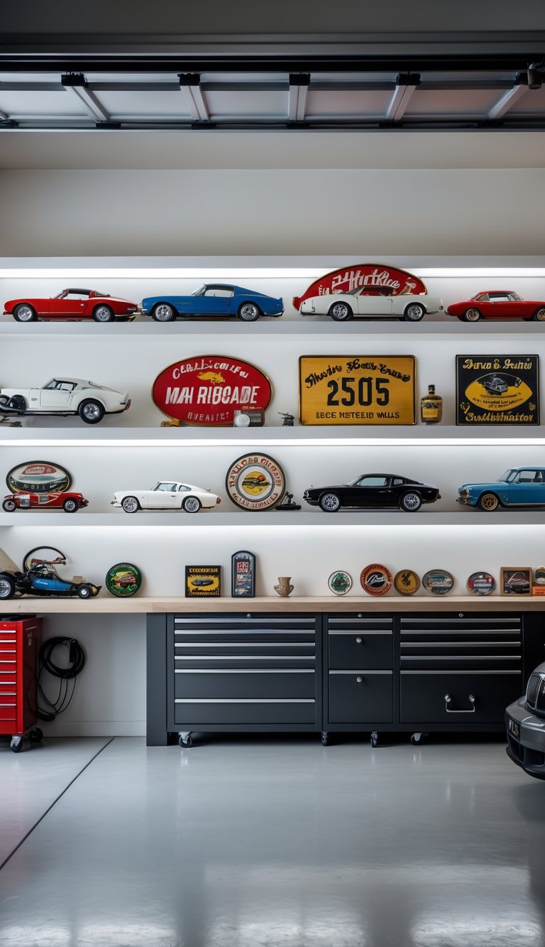 A clean and organized garage with floating shelves displaying various collectibles and storage solutions.