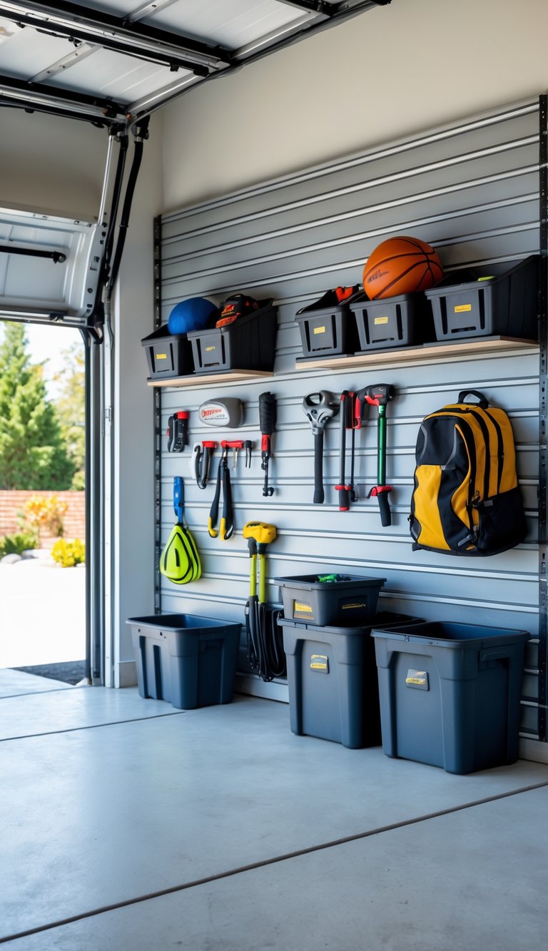 A tidy garage with slatwall panels holding various tools and equipment in an organized and clutter-free manner.
