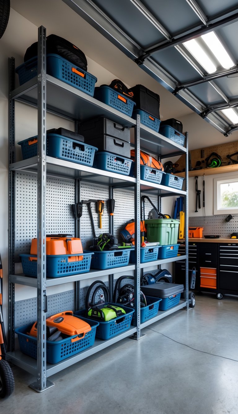 A clean and organized garage with shelves and under-shelf baskets storing tools and equipment to save space.