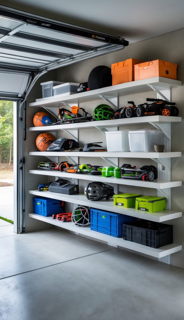 A garage corner with wall shelves neatly organized with tools and storage boxes, creating a clutter-free space.
