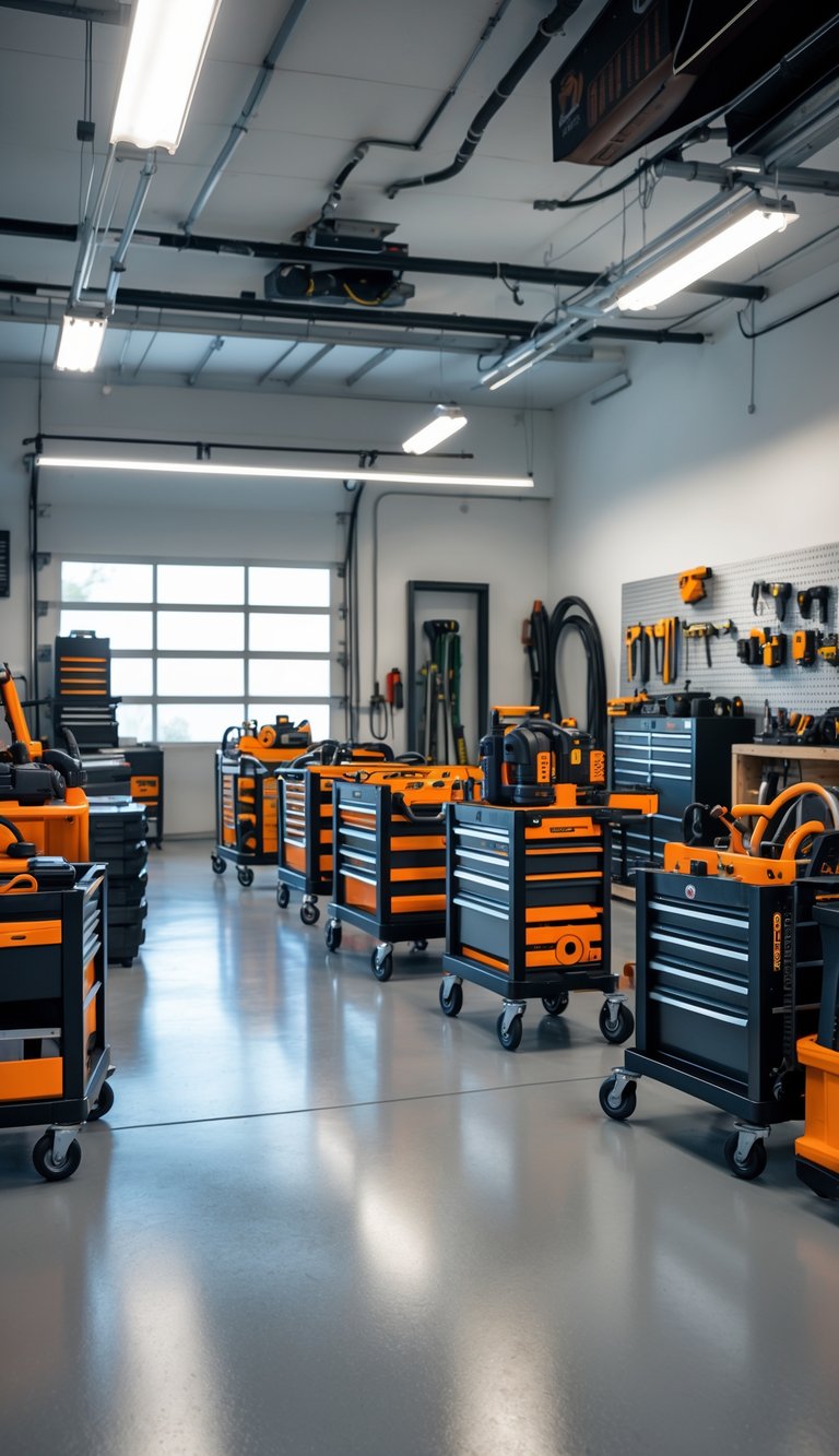 Multiple multi-tiered rolling tool carts filled with tools in a clean, organized man cave garage.