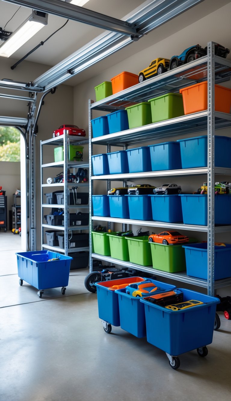 A clean and organized garage with rolling storage bins neatly arranged on shelves, containing toys and gadgets.