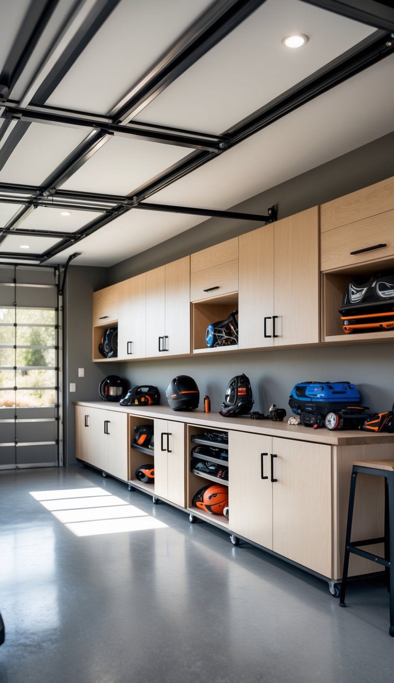 A clean and organized garage with custom-built sliding door cabinets storing tools and equipment, showing a clutter-free space.