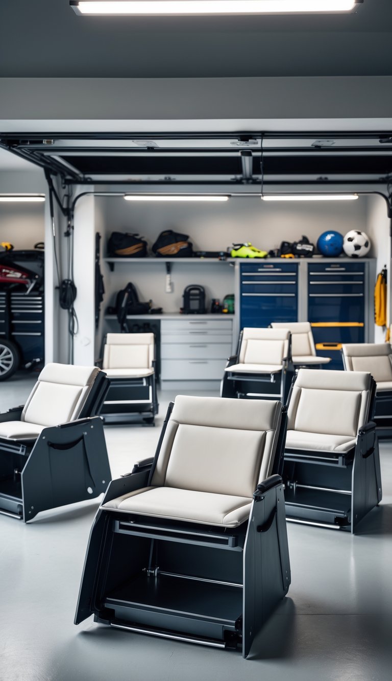 Neatly arranged foldable chairs with hidden storage compartments in a clean and organized garage space.