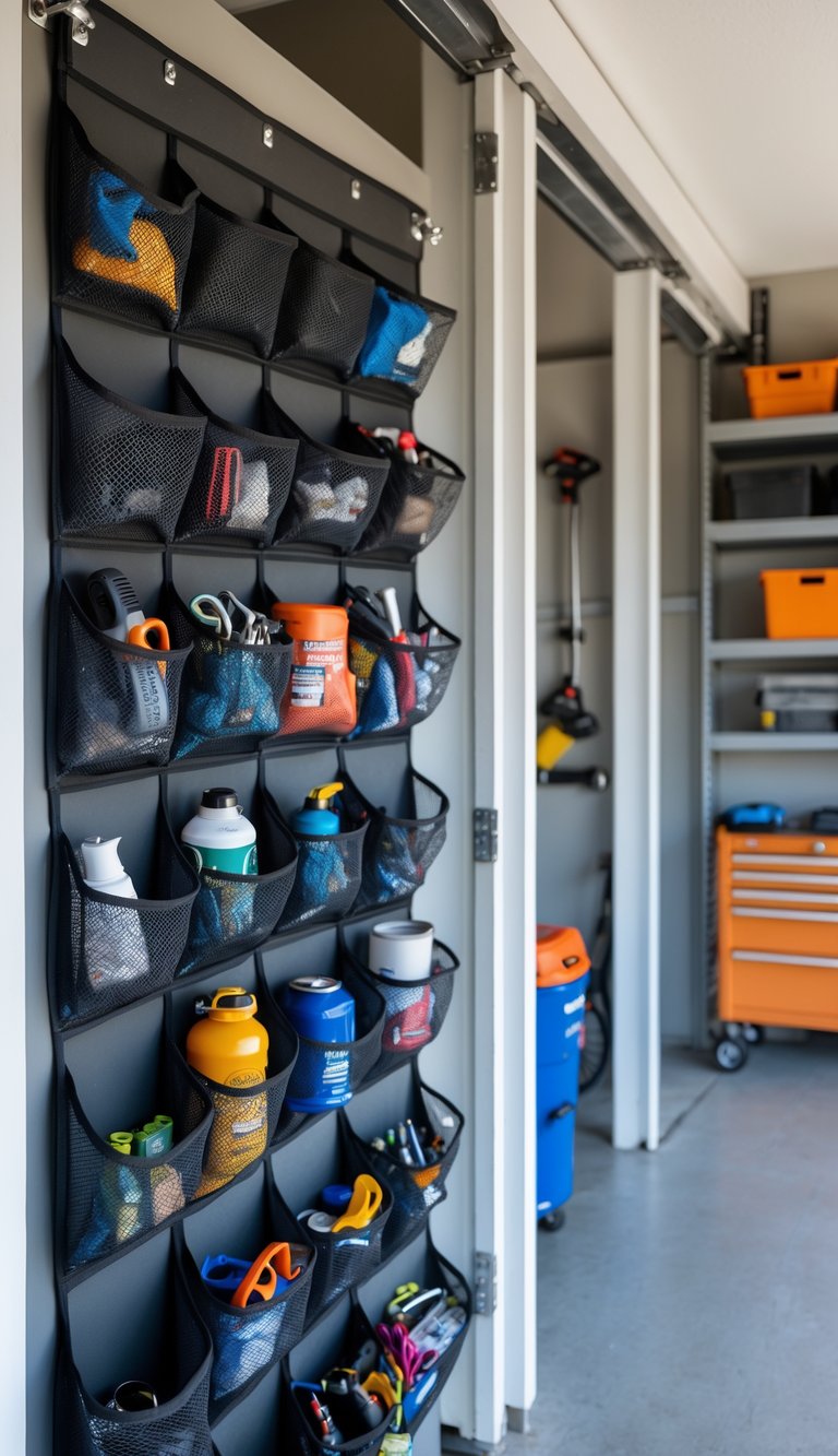 A clutter-free garage with hanging shoe organizers used to store small tools and items, creating an organized and tidy space.