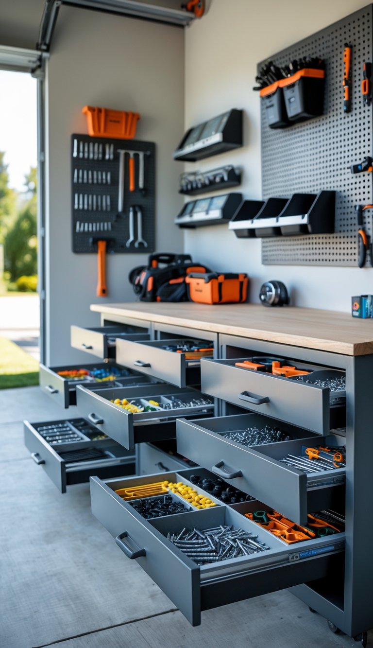 A neatly organized garage with pull-out drawer organizers holding hardware items and tools, creating a clutter-free storage space.