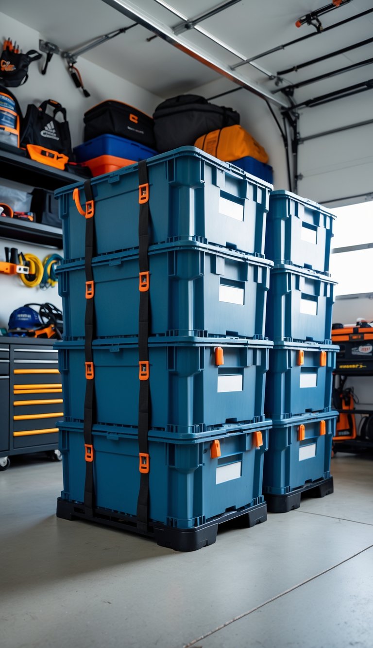 Stacked plastic crates secured with straps in a tidy garage or man cave space.