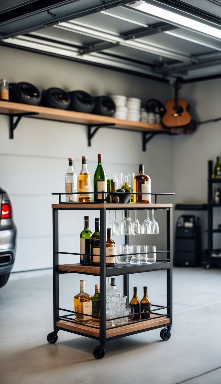 Compact bar cart with shelves neatly organized in a clean, clutter-free man cave garage.