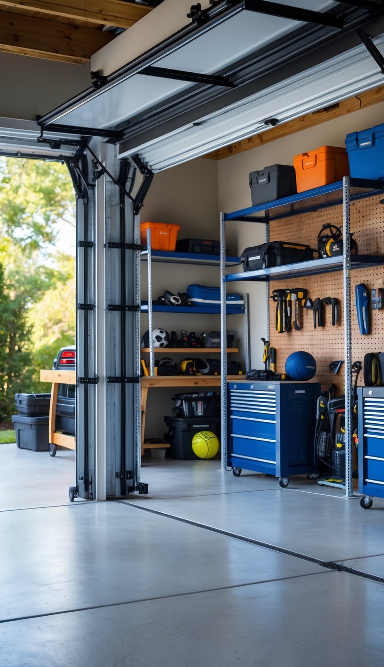 A clutter-free garage with racks behind open garage doors holding tools and equipment, showing organized storage solutions.