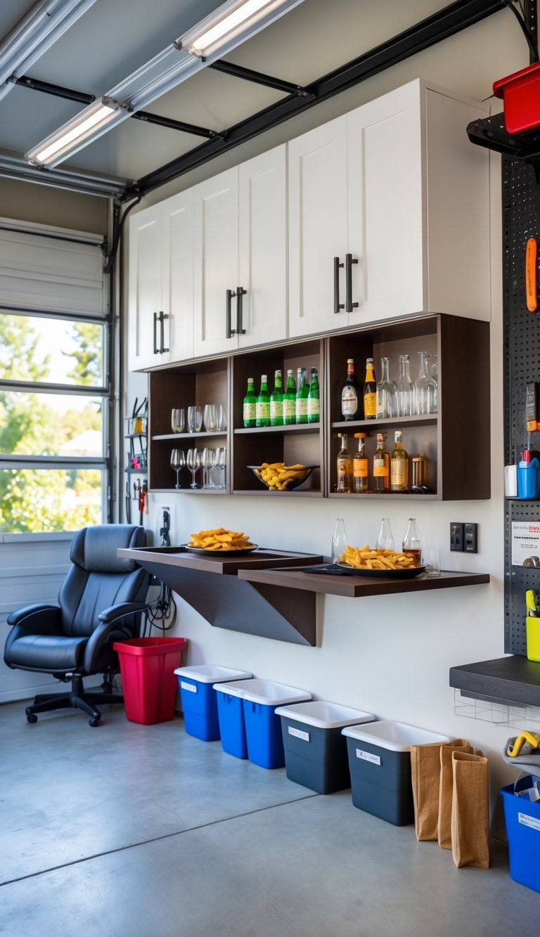 A tidy garage man cave with fold-down wall bars holding drinks and snacks, surrounded by organized storage shelves and bins.