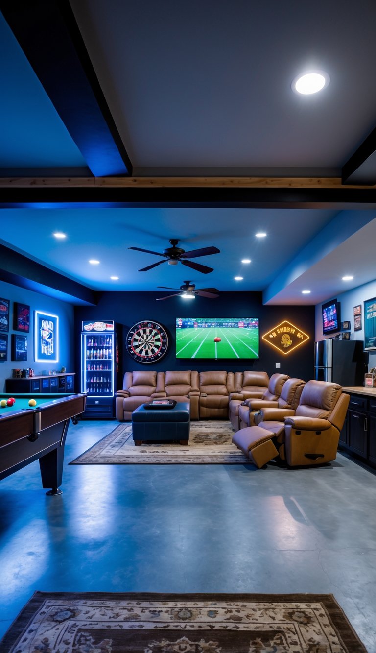A garage man cave game room with a pool table, dartboard, foosball table, leather chairs, a large TV, shelves with games, a mini fridge, and sports decorations.