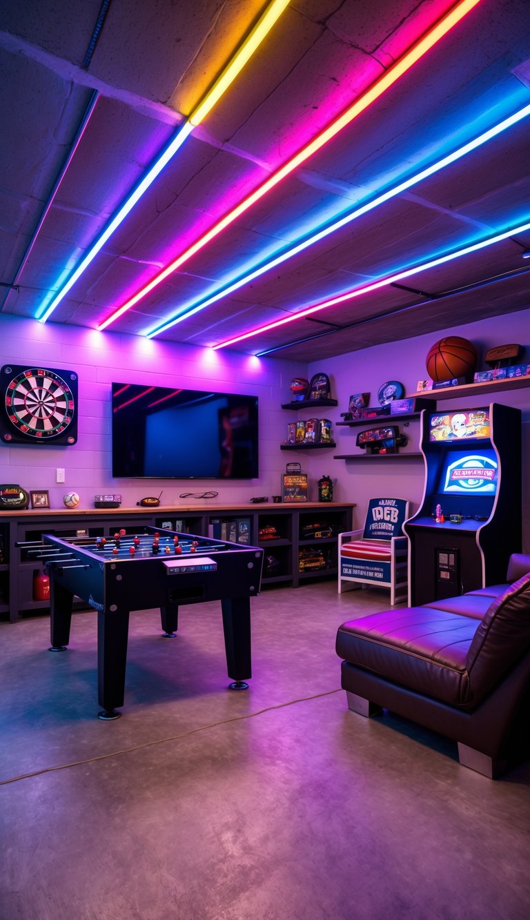 A garage man cave with LED strip lighting, game tables, seating, a TV, and shelves with sports memorabilia.