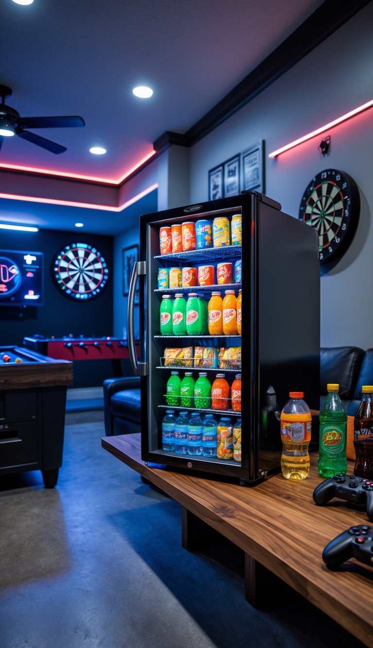 A mini fridge filled with snacks and drinks in a garage game room with gaming equipment and comfortable seating.