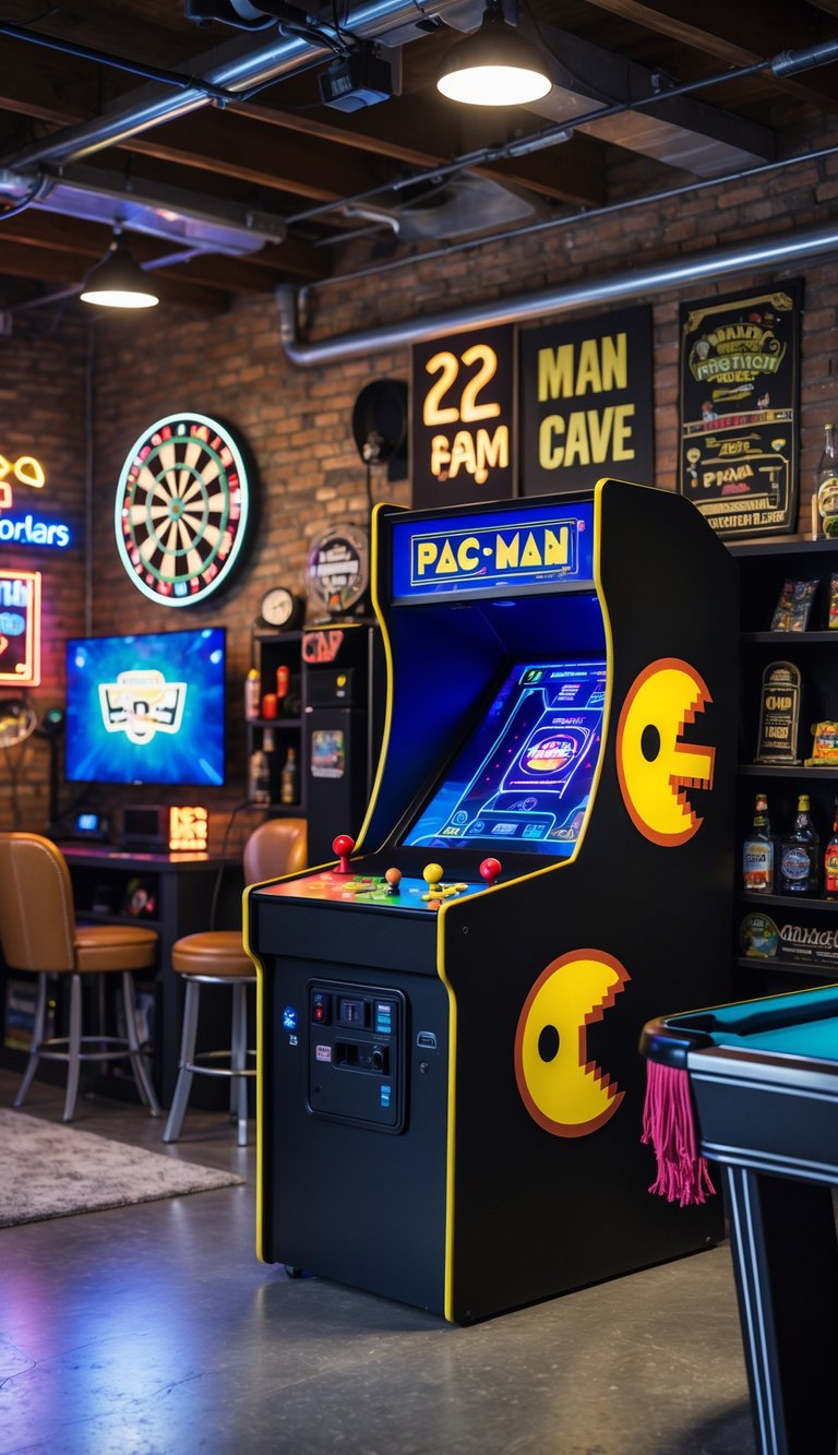 A garage man cave with a Pac-Man arcade machine surrounded by various gaming and entertainment items, including seating, a pool table, and decorative lighting.