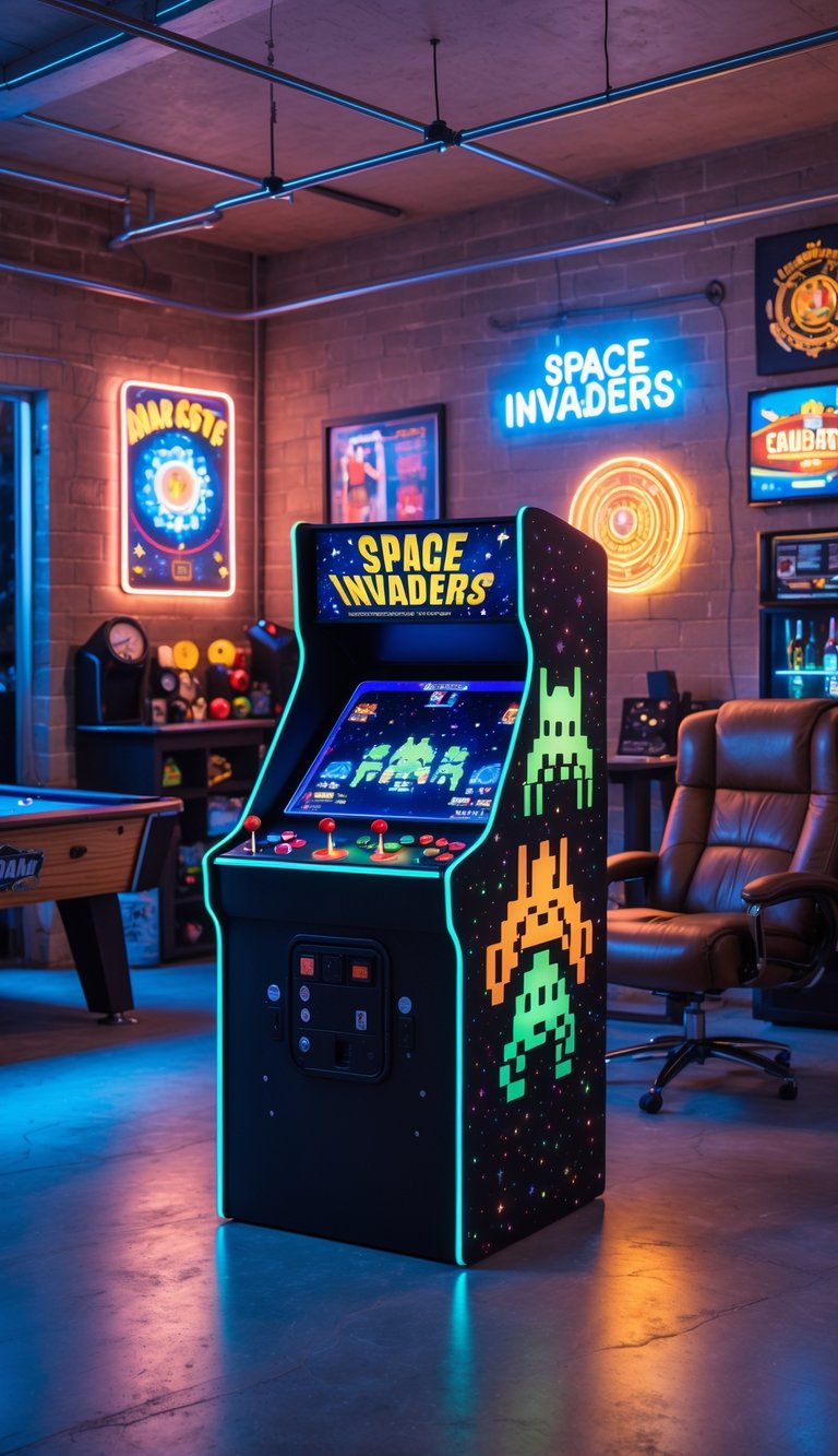 A garage man cave with a Space Invaders arcade cabinet surrounded by various game room essentials like a pool table, dartboard, seating, and ambient lighting.