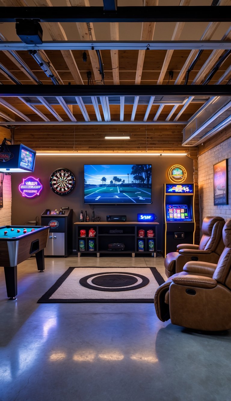 Interior of a garage man cave with a wall-mounted flat screen TV, gaming tables, comfortable chairs, and various entertainment equipment.