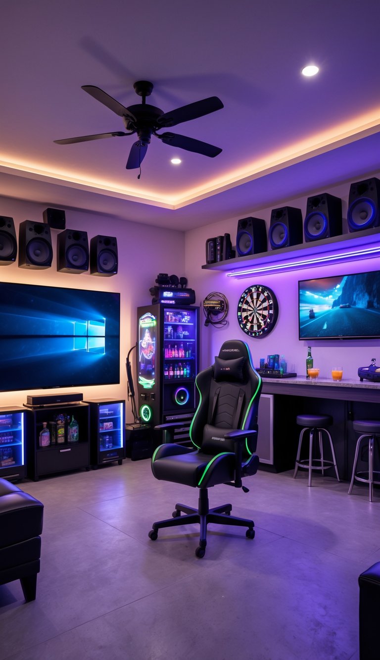 A garage man cave with a surround sound system, gaming setup, dartboard, mini fridge, foosball table, and bar area.