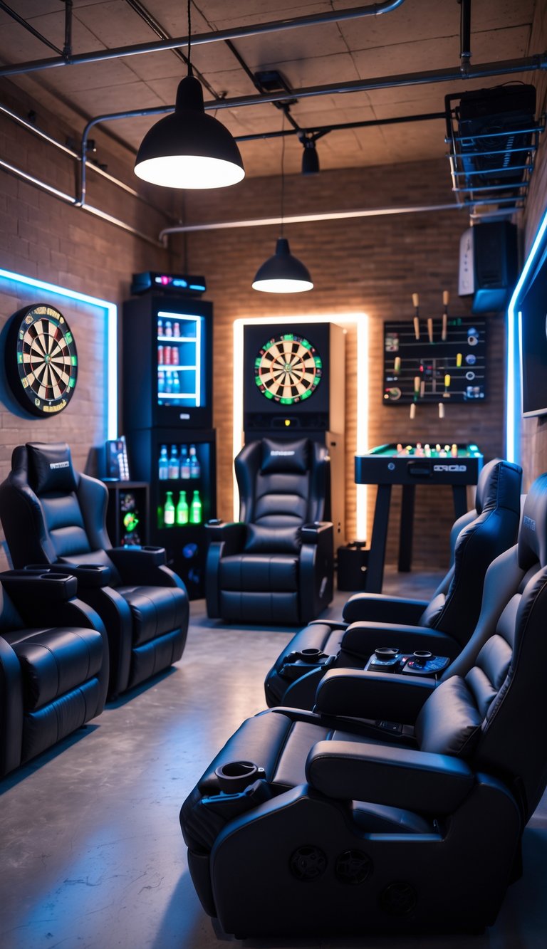 A game room with several reclining leather gaming chairs, a large screen, shelves with gaming equipment, a dartboard, and a foosball table in a garage setting.