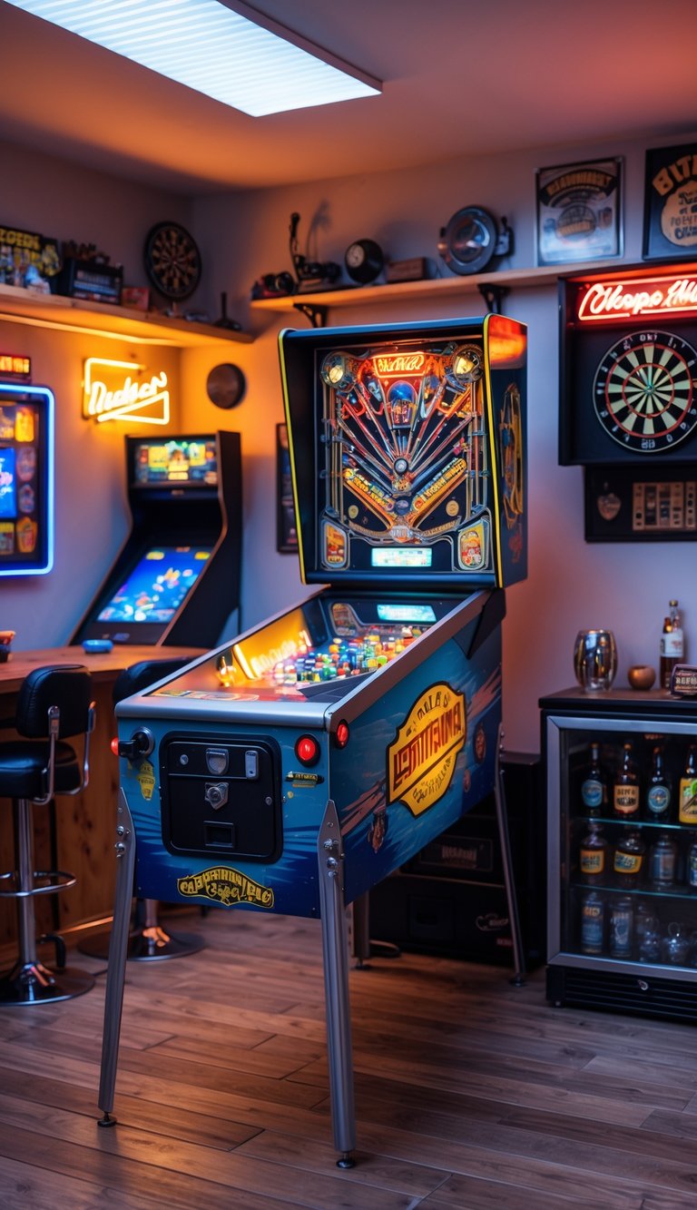 A garage man cave featuring a vintage pinball machine surrounded by various game room essentials including arcade cabinets, a pool table, dartboard, neon lights, and comfortable seating.