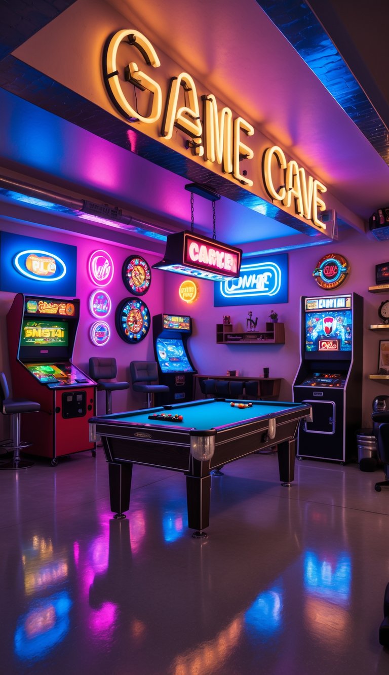 A garage man cave with neon signs, arcade machines, pool table, dartboard, foosball table, bar stools, and comfortable seating arranged for a game room.