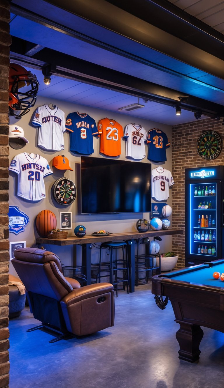A garage man cave with a custom sports memorabilia wall, pool table, dartboard, leather recliners, and a large TV.