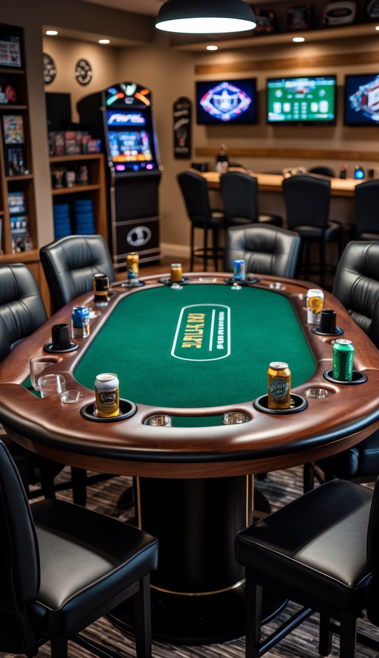 Poker table with cup holders in a game room surrounded by chairs and shelves with games and sports memorabilia.