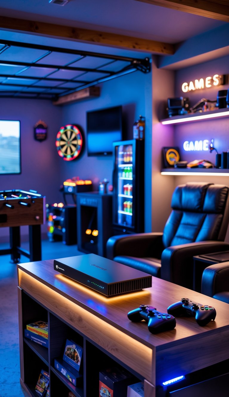 A garage man cave game room with a high-speed Wi-Fi router on a wooden shelf surrounded by gaming equipment, comfortable seating, and colorful ambient lighting.