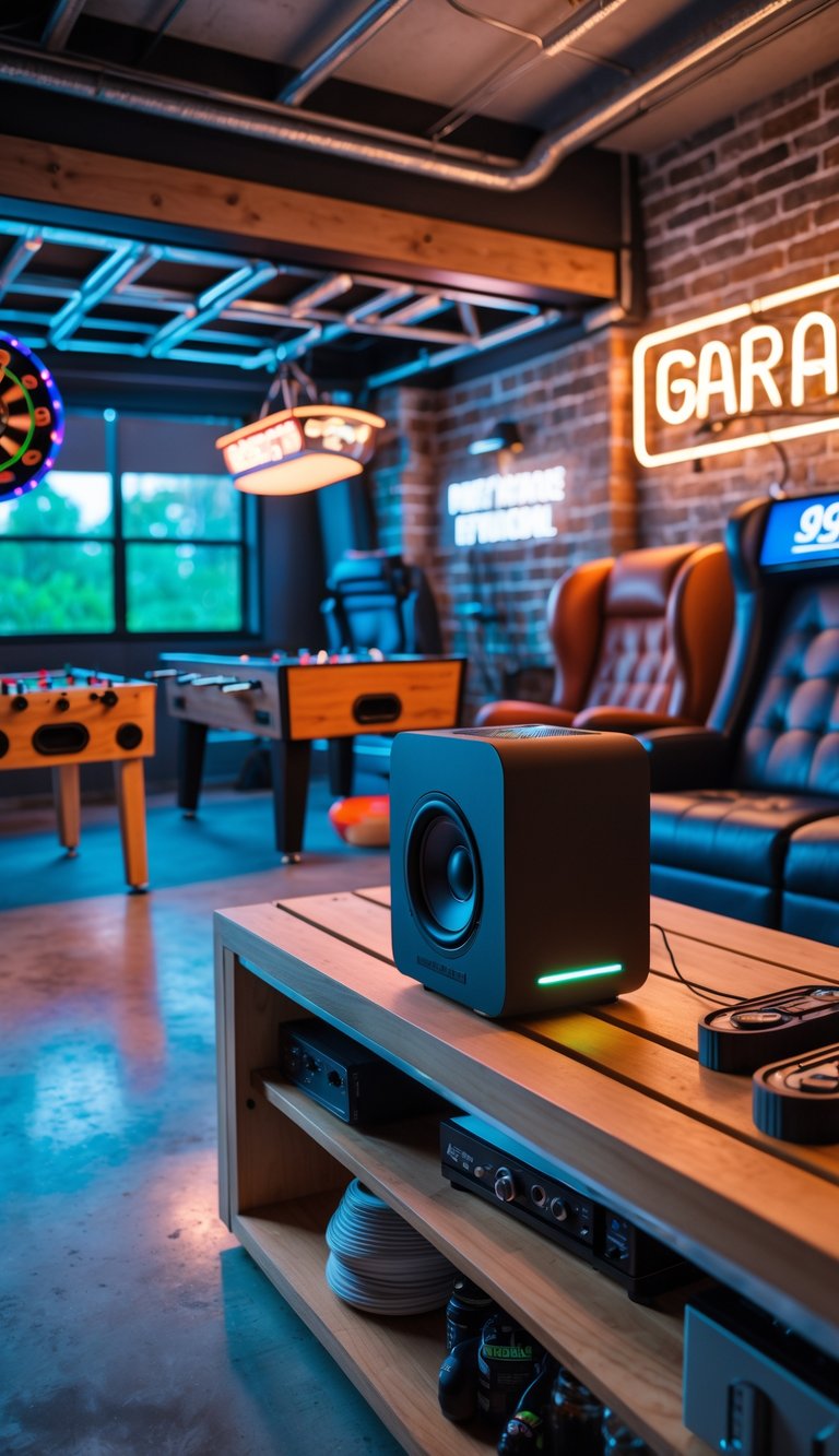 A game room in a garage featuring a Bluetooth speaker, dartboard, foosball table, leather chairs, and ambient lighting.
