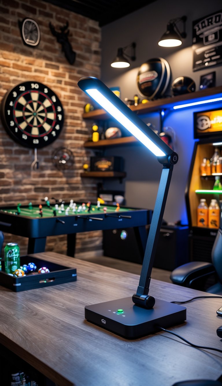 Adjustable LED desk lamp on a desk in a game room with a dartboard, foosball table, gaming chair, and sports memorabilia in a garage man cave.