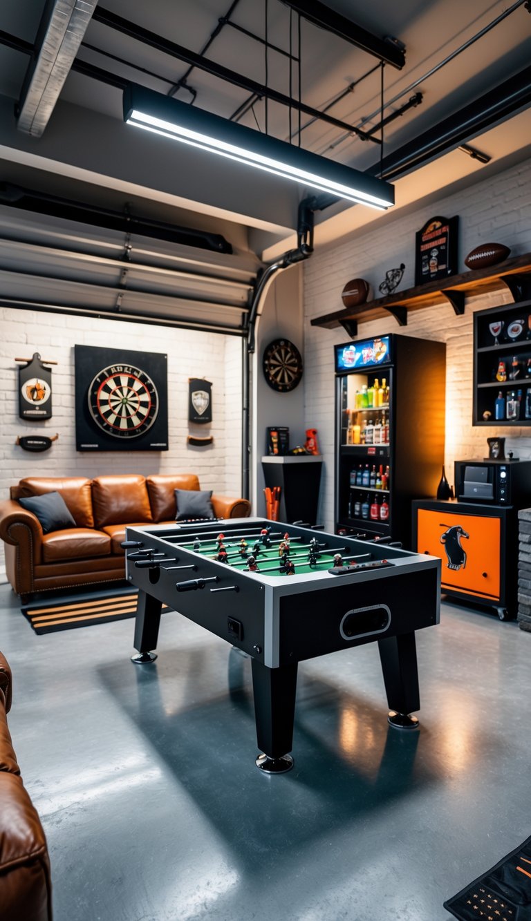 A garage man cave with a foosball table surrounded by seating, a dartboard, and a mini fridge in a well-lit room.