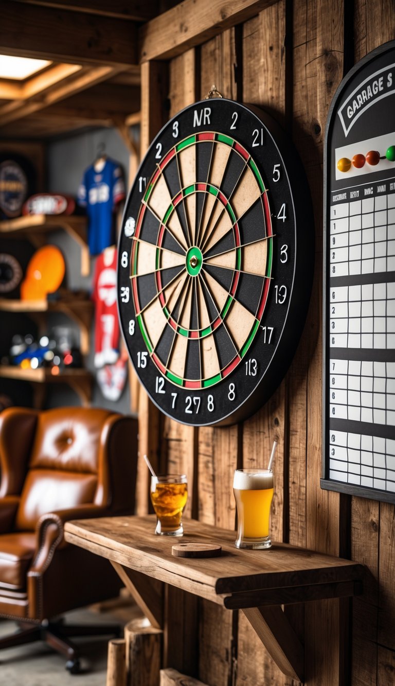 A dartboard and scoreboard mounted on a wooden wall in a garage man cave with a leather chair and shelves in the background.