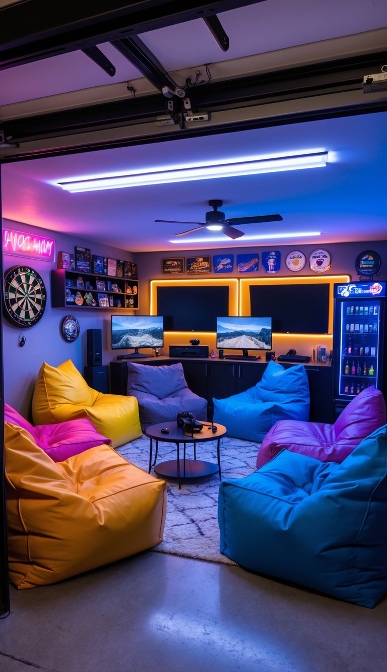 A garage game room with colorful bean bag chairs, gaming consoles, shelves with board games, a dartboard, and ambient lighting.