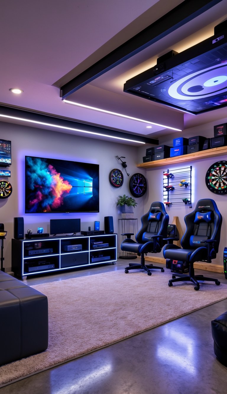 A well-organized garage man cave with a large TV, multiple gaming consoles, gaming chairs, LED lights, and various game room accessories.