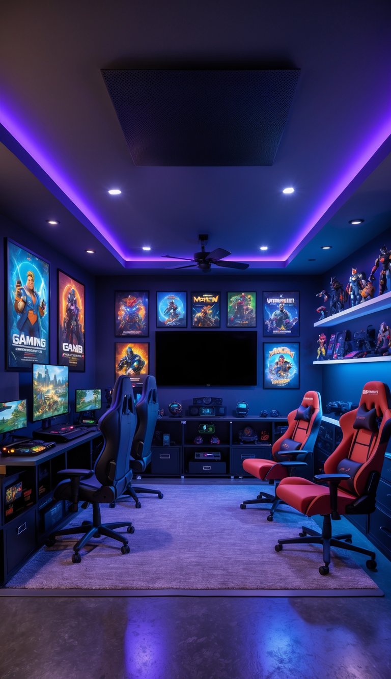 A game room in a garage with gaming-themed wall art, gaming consoles, chairs, and shelves filled with gaming accessories.